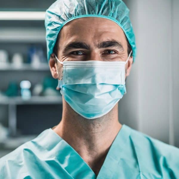 Close up of surgeon smiling with a mask on